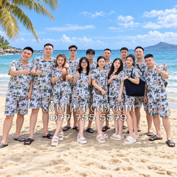 Bộ Áo Sơ Mi Quần Short Trái Cây Thơm Dứa Cây Dừa Hoa Sứ Trắng