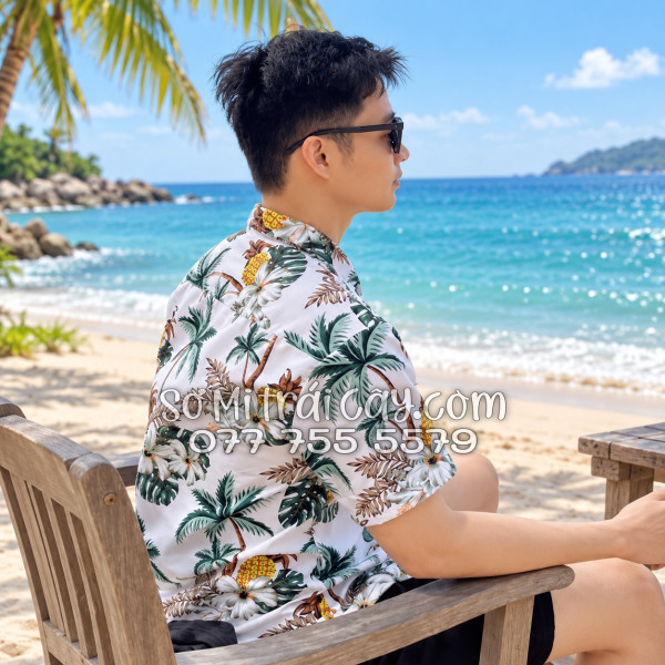 Bộ Áo Sơ Mi Quần Short Trái Cây Thơm Dứa Cây Dừa Hoa Sứ Trắng