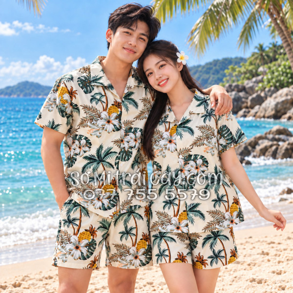 Bộ Áo Sơ Mi Quần Short Trái Cây Thơm Dứa Cây Dừa Hoa Sứ Màu Kem Nhạt