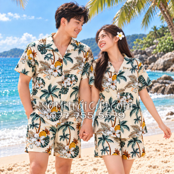 Bộ Áo Sơ Mi Quần Short Trái Cây Thơm Dứa Cây Dừa Hoa Sứ Màu Kem Nhạt