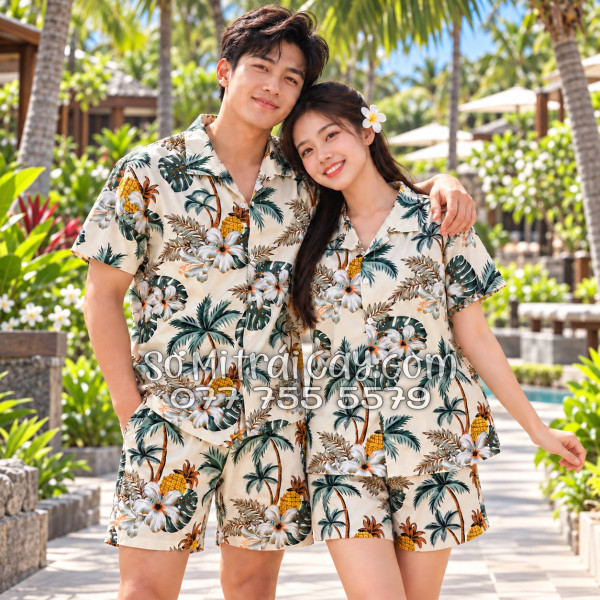 Bộ Áo Sơ Mi Quần Short Trái Cây Thơm Dứa Cây Dừa Hoa Sứ Màu Kem Nhạt