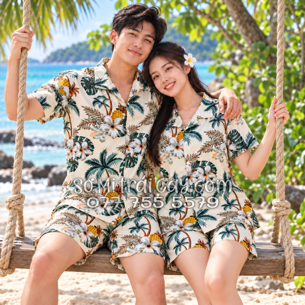 Bộ Áo Sơ Mi Quần Short Trái Cây Thơm Dứa Cây Dừa Hoa Sứ Màu Kem Nhạt