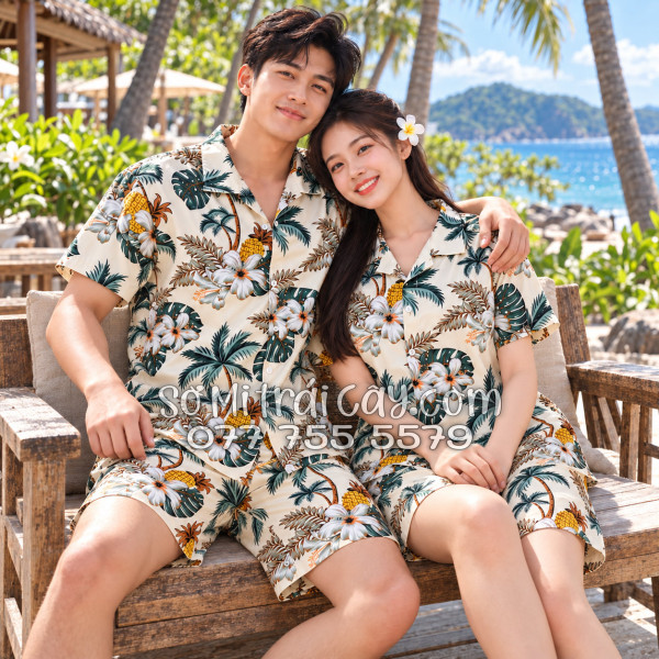 Bộ Áo Sơ Mi Quần Short Trái Cây Thơm Dứa Cây Dừa Hoa Sứ Màu Kem Nhạt