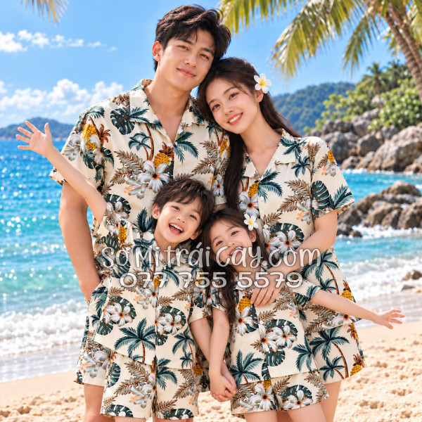 Bộ Áo Sơ Mi Quần Short Trái Cây Thơm Dứa Cây Dừa Hoa Sứ Màu Kem Nhạt