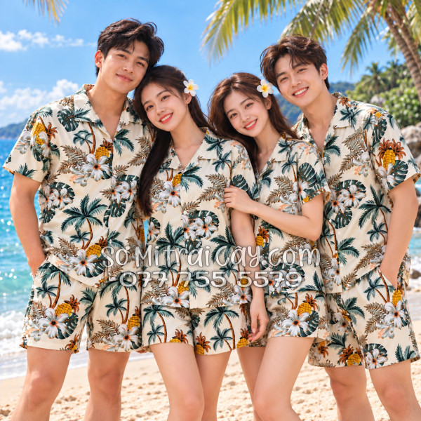 Bộ Áo Sơ Mi Quần Short Trái Cây Thơm Dứa Cây Dừa Hoa Sứ Màu Kem Nhạt