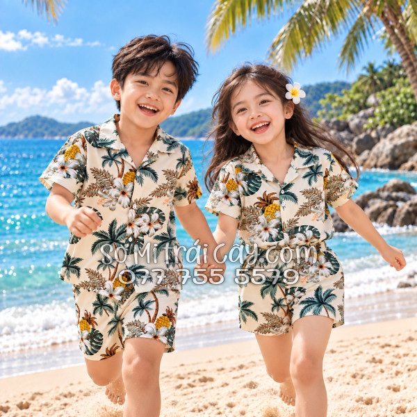 Bộ Áo Sơ Mi Quần Short Trái Cây Thơm Dứa Cây Dừa Hoa Sứ Màu Kem Nhạt