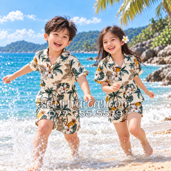 Bộ Áo Sơ Mi Quần Short Trái Cây Thơm Dứa Cây Dừa Hoa Sứ Màu Kem Nhạt