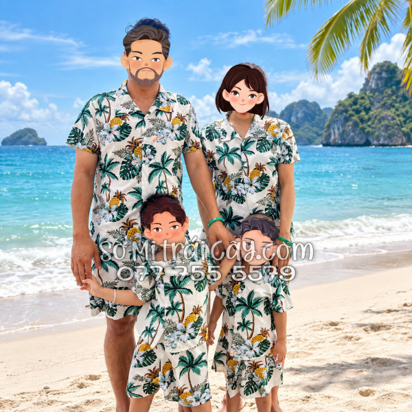 Bộ Áo Sơ Mi Quần Short Trái Cây Thơm Dứa Cây Dừa Hoa Sứ Màu Kem Nhạt