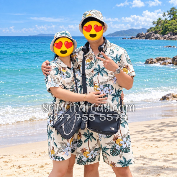 Bộ Áo Sơ Mi Quần Short Trái Cây Thơm Dứa Cây Dừa Hoa Sứ Màu Kem Nhạt