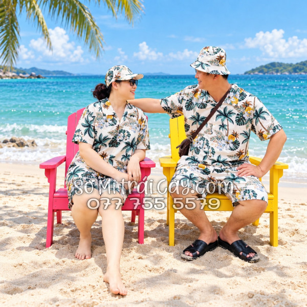 Bộ Áo Sơ Mi Quần Short Trái Cây Thơm Dứa Cây Dừa Hoa Sứ Màu Kem Nhạt