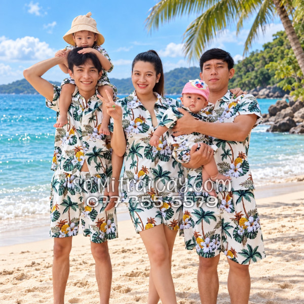 Bộ Áo Sơ Mi Quần Short Trái Cây Thơm Dứa Cây Dừa Hoa Sứ Màu Kem Nhạt