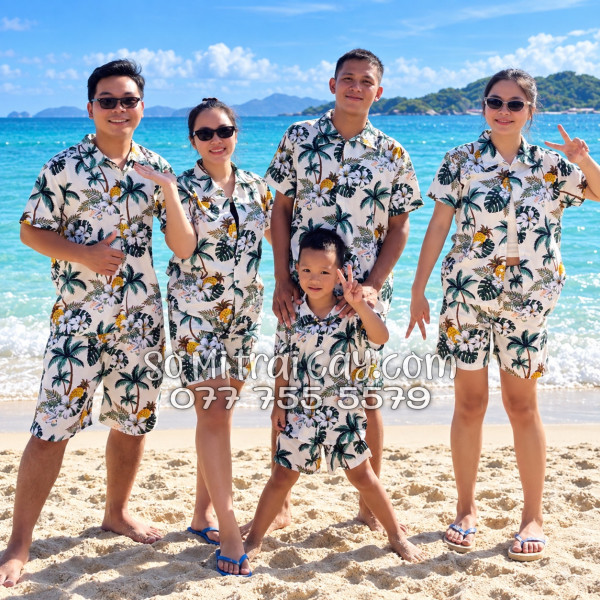 Bộ Áo Sơ Mi Quần Short Trái Cây Thơm Dứa Cây Dừa Hoa Sứ Màu Kem Nhạt