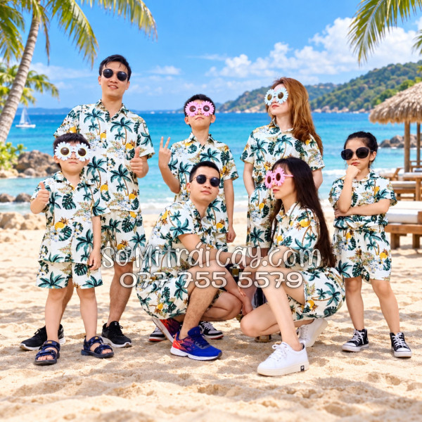 Bộ Áo Sơ Mi Quần Short Trái Cây Thơm Dứa Cây Dừa Hoa Sứ Màu Kem Nhạt