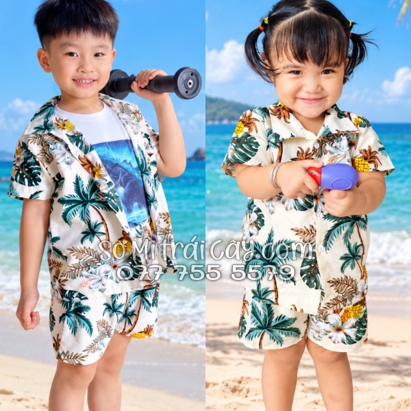 Bộ Áo Sơ Mi Quần Short Trái Cây Thơm Dứa Cây Dừa Hoa Sứ Màu Kem Nhạt