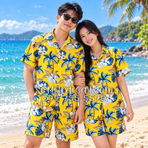 Bộ Áo Sơ Mi Quần Short Đi Biển Họa Tiết Thơm Dứa Cây Dừa Hoa Sứ Vàng Nam Nữ