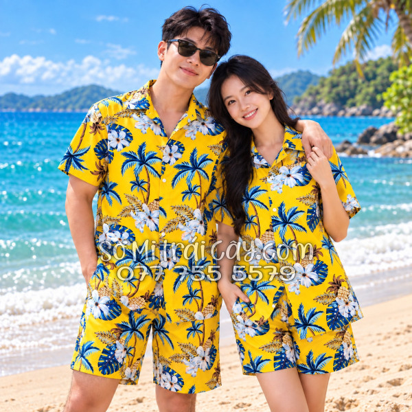 Bộ Áo Sơ Mi Quần Short Đi Biển Họa Tiết Thơm Dứa Cây Dừa Hoa Sứ Vàng Nam Nữ