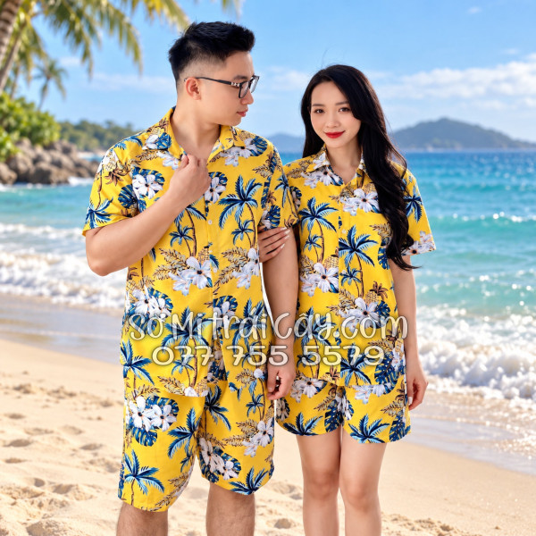 Bộ Áo Sơ Mi Quần Short Đi Biển Họa Tiết Thơm Dứa Cây Dừa Hoa Sứ Vàng Nam Nữ
