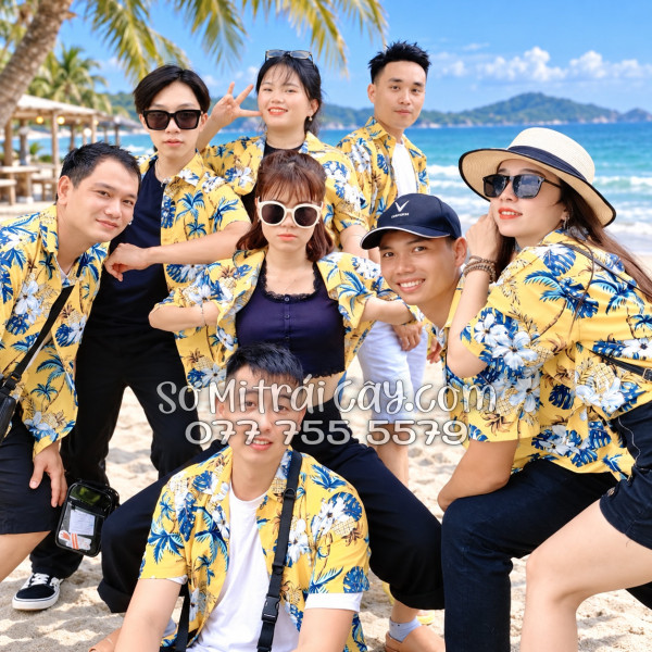 Bộ Áo Sơ Mi Quần Short Đi Biển Họa Tiết Thơm Dứa Cây Dừa Hoa Sứ Vàng Nam Nữ