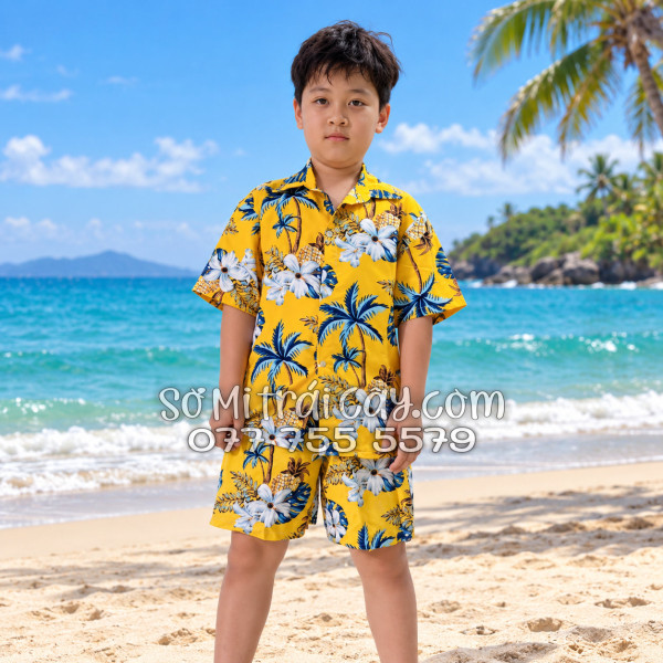 Bộ Áo Sơ Mi Quần Short Đi Biển Họa Tiết Thơm Dứa Cây Dừa Hoa Sứ Vàng Nam Nữ