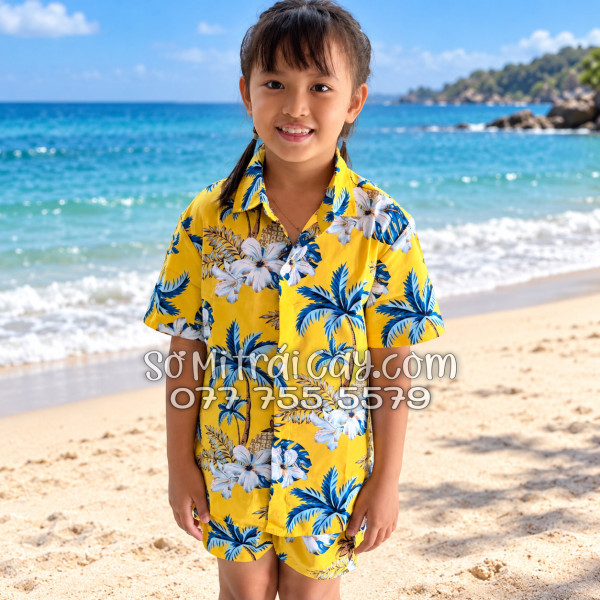 Bộ Áo Sơ Mi Quần Short Đi Biển Họa Tiết Thơm Dứa Cây Dừa Hoa Sứ Vàng Nam Nữ