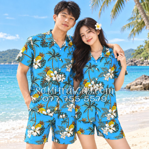 Bộ Áo Sơ Mi Quần Short Trái Cây Thơm Dứa Cây Dừa Hoa Sứ Xanh