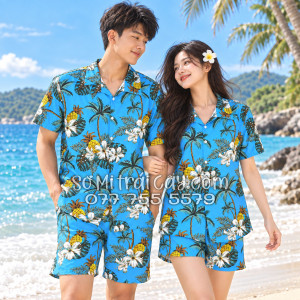 Bộ Áo Sơ Mi Quần Short Trái Cây Thơm Dứa Cây Dừa Hoa Sứ Xanh