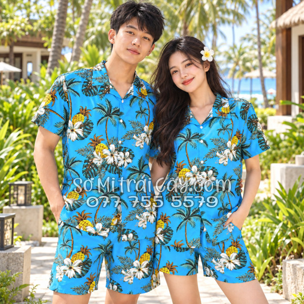 Bộ Áo Sơ Mi Quần Short Trái Cây Thơm Dứa Cây Dừa Hoa Sứ Xanh