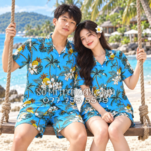 Bộ Áo Sơ Mi Quần Short Trái Cây Thơm Dứa Cây Dừa Hoa Sứ Xanh