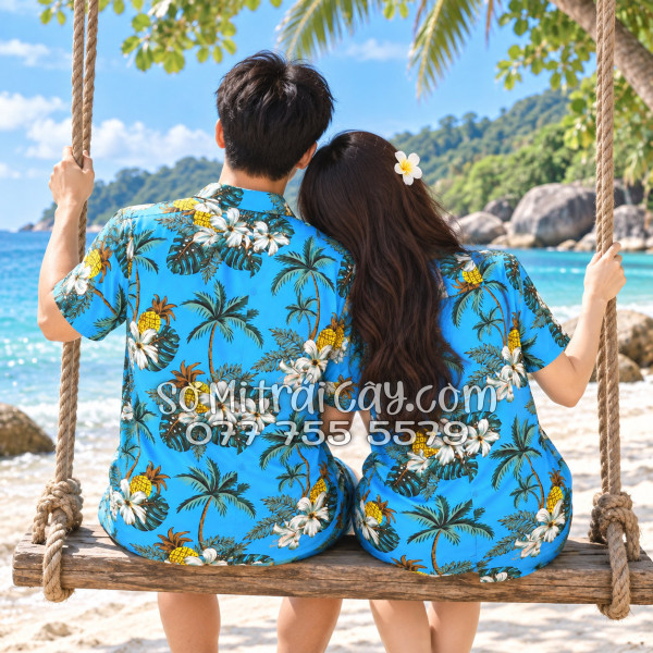 Bộ Áo Sơ Mi Quần Short Trái Cây Thơm Dứa Cây Dừa Hoa Sứ Xanh