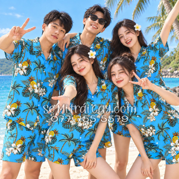 Bộ Áo Sơ Mi Quần Short Trái Cây Thơm Dứa Cây Dừa Hoa Sứ Xanh