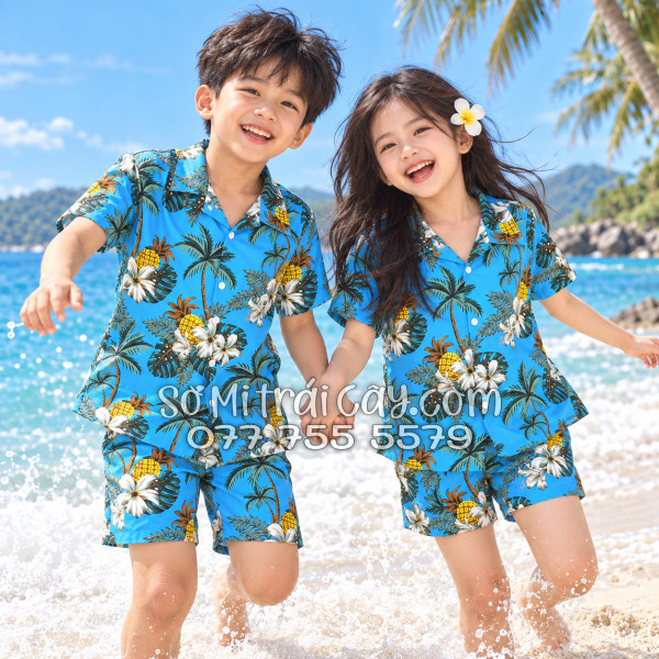 Bộ Áo Sơ Mi Quần Short Trái Cây Thơm Dứa Cây Dừa Hoa Sứ Xanh
