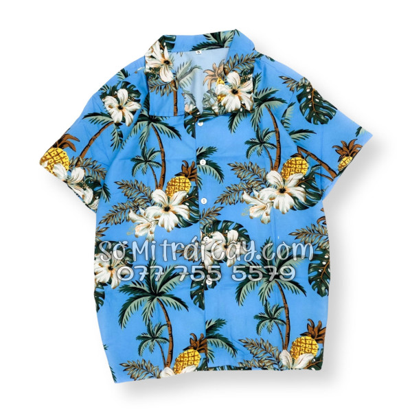 Bộ Áo Sơ Mi Quần Short Trái Cây Thơm Dứa Cây Dừa Hoa Sứ Xanh