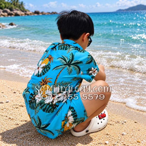Bộ Áo Sơ Mi Quần Short Trái Cây Thơm Dứa Cây Dừa Hoa Sứ Xanh