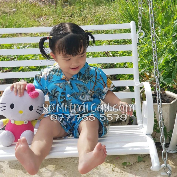 Bộ Áo Sơ Mi Quần Short Trái Cây Thơm Dứa Cây Dừa Hoa Sứ Xanh
