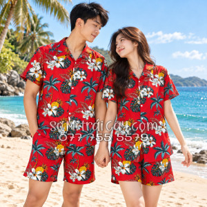 Bộ Áo Sơ Mi Quần Short Trái Cây Thơm Dứa Cây Dừa Hoa Sứ Đỏ