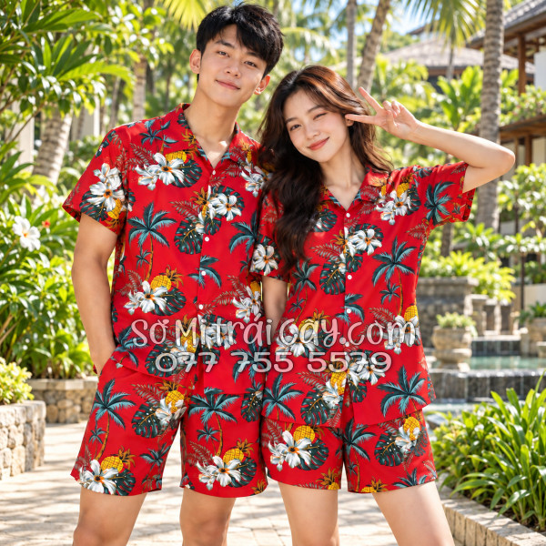 Bộ Áo Sơ Mi Quần Short Trái Cây Thơm Dứa Cây Dừa Hoa Sứ Đỏ