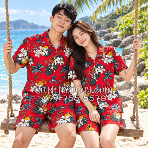 Bộ Áo Sơ Mi Quần Short Trái Cây Thơm Dứa Cây Dừa Hoa Sứ Đỏ