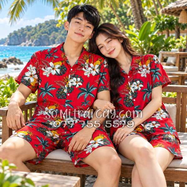 Bộ Áo Sơ Mi Quần Short Trái Cây Thơm Dứa Cây Dừa Hoa Sứ Đỏ
