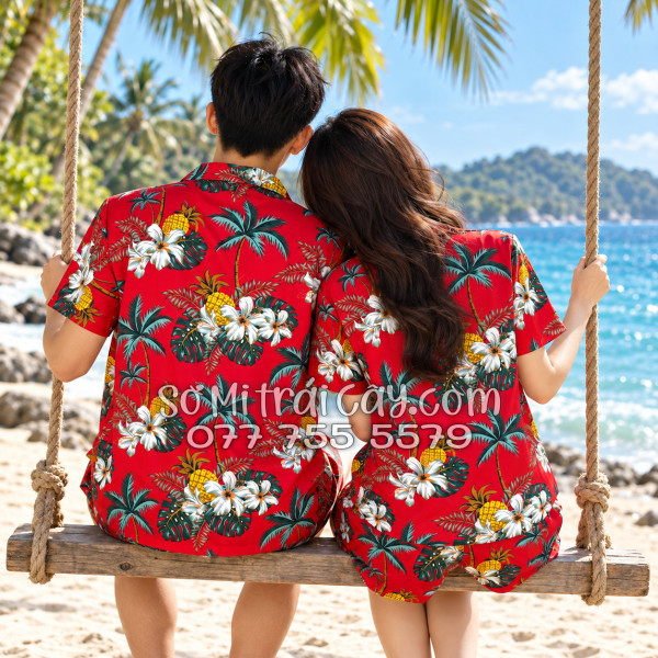 Bộ Áo Sơ Mi Quần Short Trái Cây Thơm Dứa Cây Dừa Hoa Sứ Đỏ