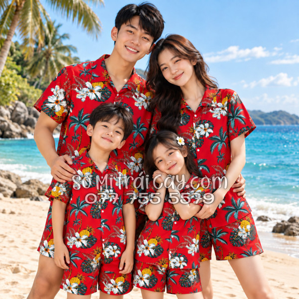 Bộ Áo Sơ Mi Quần Short Trái Cây Thơm Dứa Cây Dừa Hoa Sứ Đỏ