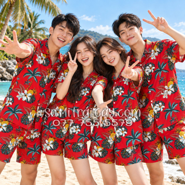 Bộ Áo Sơ Mi Quần Short Trái Cây Thơm Dứa Cây Dừa Hoa Sứ Đỏ