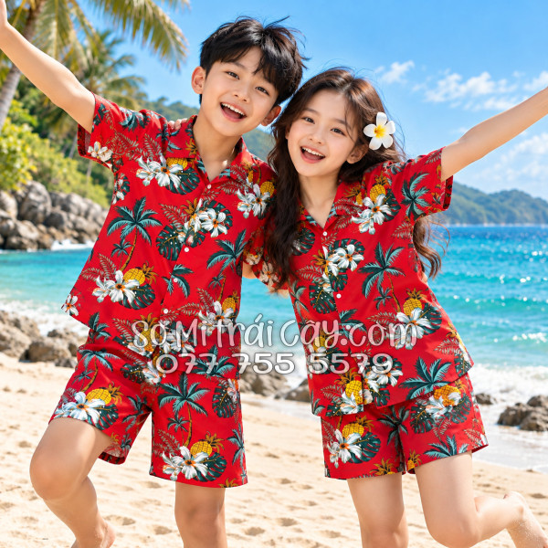 Bộ Áo Sơ Mi Quần Short Trái Cây Thơm Dứa Cây Dừa Hoa Sứ Đỏ