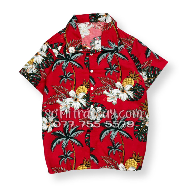 Bộ Áo Sơ Mi Quần Short Trái Cây Thơm Dứa Cây Dừa Hoa Sứ Đỏ