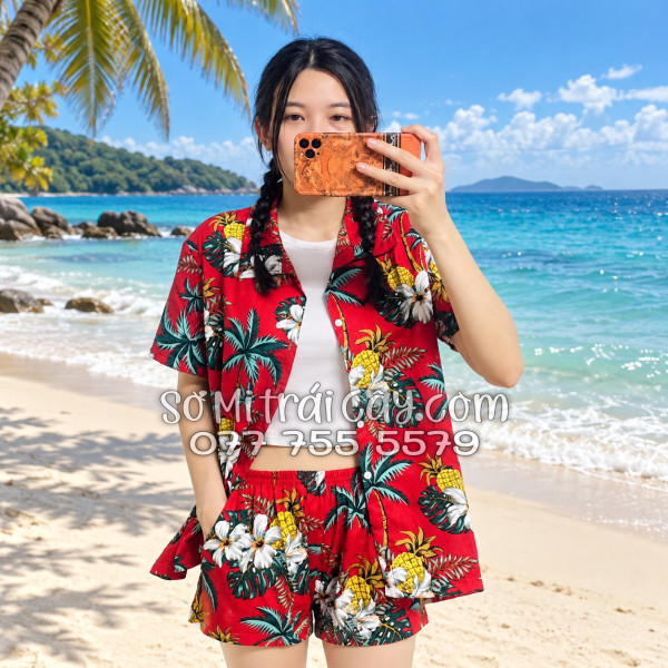 Bộ Áo Sơ Mi Quần Short Trái Cây Thơm Dứa Cây Dừa Hoa Sứ Đỏ