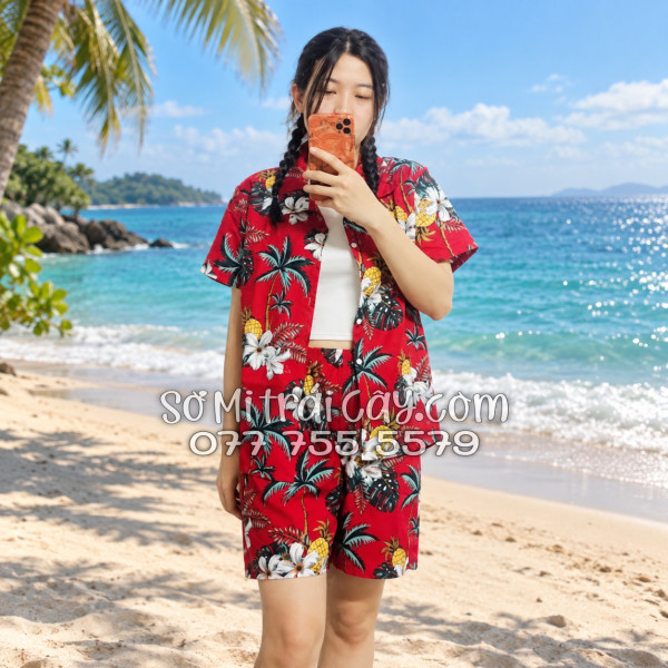 Bộ Áo Sơ Mi Quần Short Trái Cây Thơm Dứa Cây Dừa Hoa Sứ Đỏ