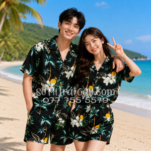 Bộ Áo Sơ Mi Quần Short Trái Cây Thơm Dứa Cây Dừa Hoa Sứ Đen