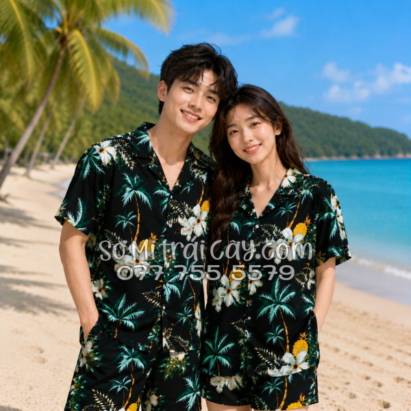 Bộ Áo Sơ Mi Quần Short Trái Cây Thơm Dứa Cây Dừa Hoa Sứ Đen