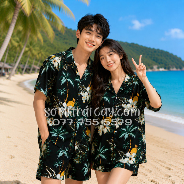 Bộ Áo Sơ Mi Quần Short Trái Cây Thơm Dứa Cây Dừa Hoa Sứ Đen