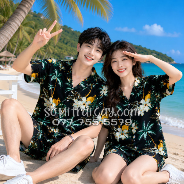 Bộ Áo Sơ Mi Quần Short Trái Cây Thơm Dứa Cây Dừa Hoa Sứ Đen