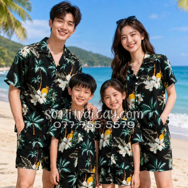 Bộ Áo Sơ Mi Quần Short Trái Cây Thơm Dứa Cây Dừa Hoa Sứ Đen